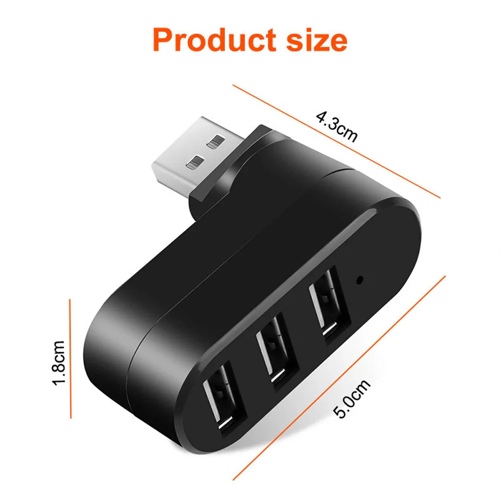 3-Port USB 2.0 Mini Hub High-Speed Rotating Adapter