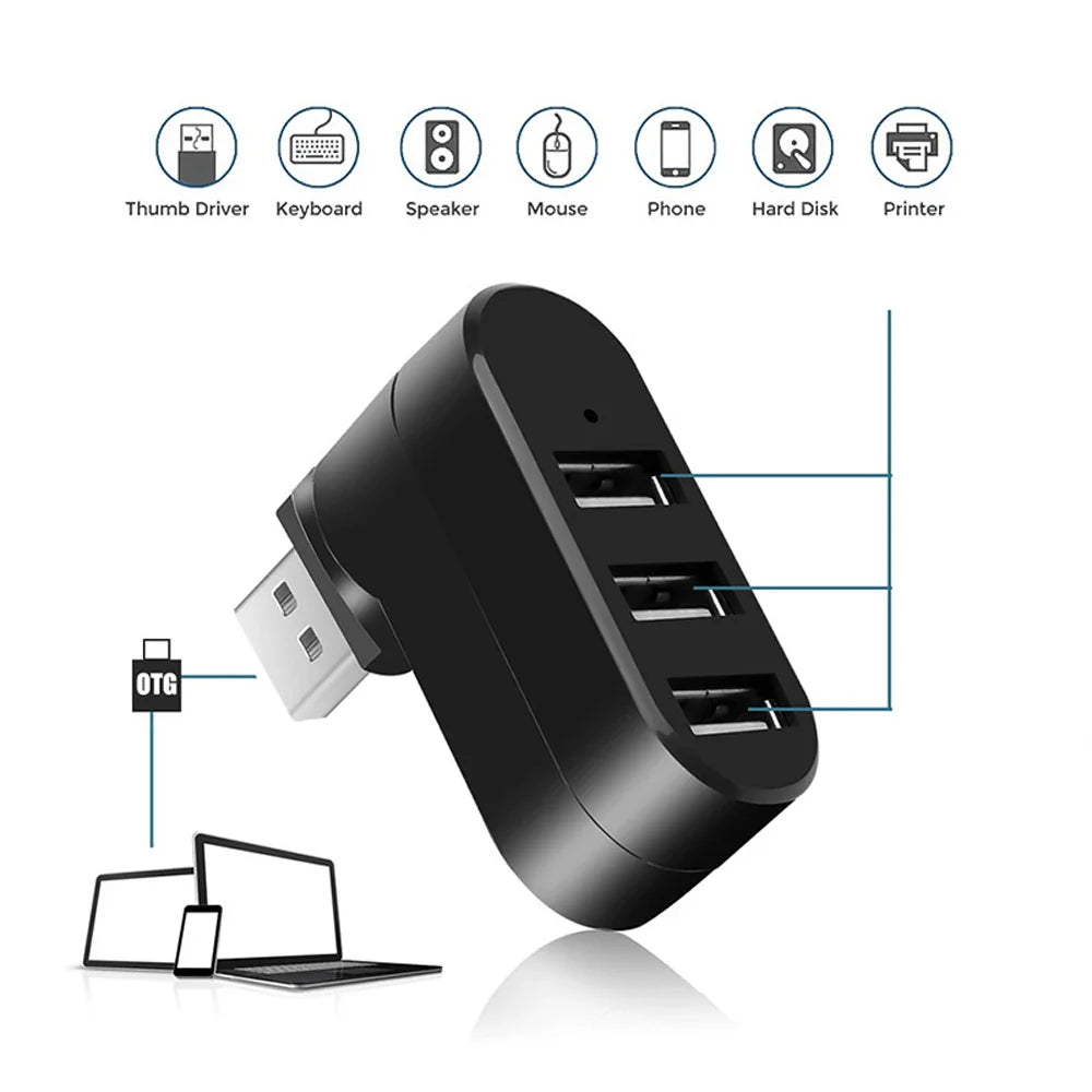 3-Port USB 2.0 Mini Hub High-Speed Rotating Adapter