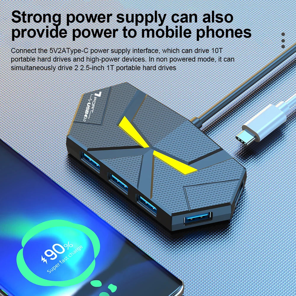 7 Port USB 3.0 Hub Powered USB Splitter 5Gbps PD Dock for Laptop PC