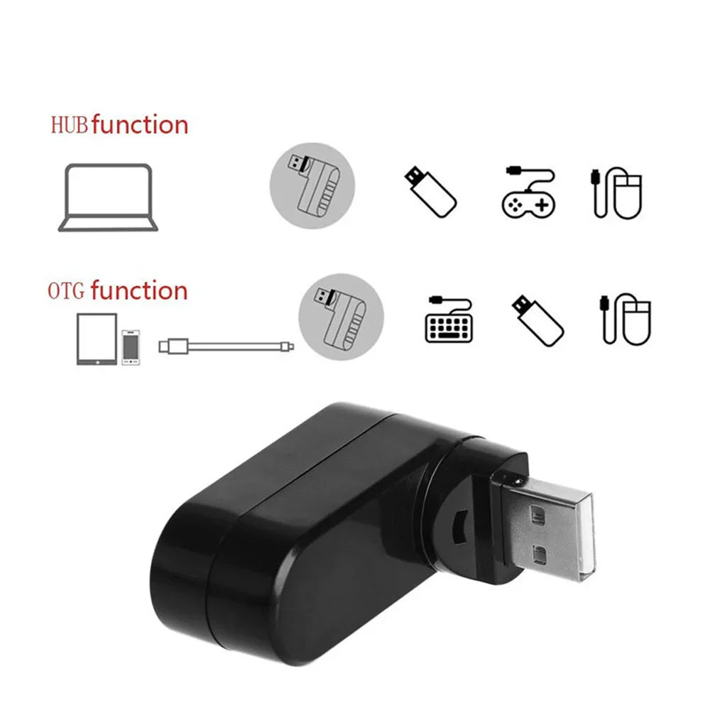 3-Port USB 2.0 Mini Hub High-Speed Rotating Adapter