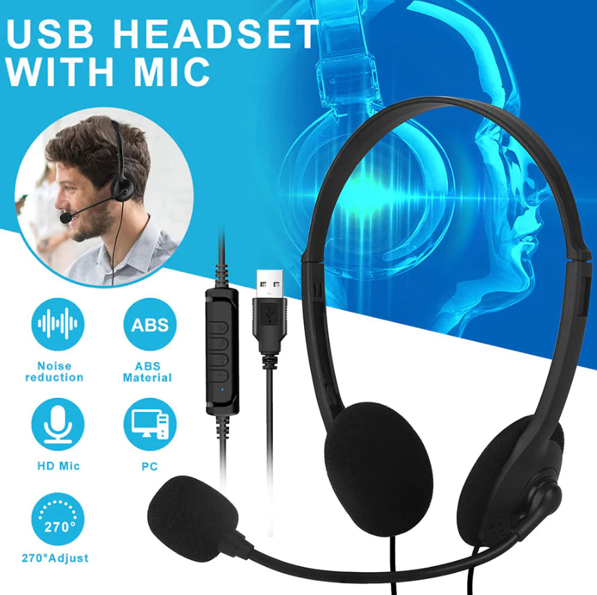 USB Noise Cancelling Headset with Microphone for PC Computer Calls